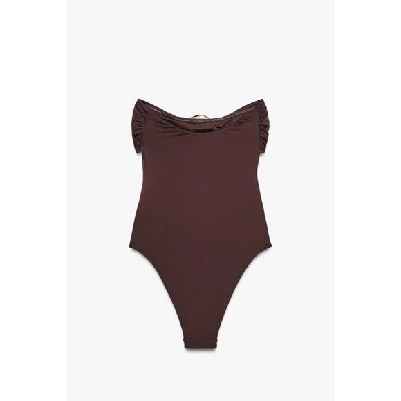 Zara Womens Swimsuit Large Brown Metal Draped Bandeau One Piece 0167/217 NWT - Picture 4 of 15
